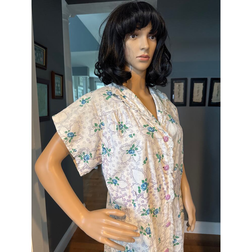 1950s Handmade Floral Day Dress Blue Rose Eyelet Trim Medium - Picture 8 of 16